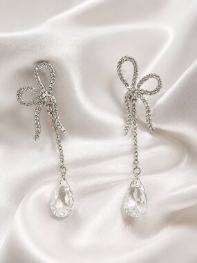 Crystal Bow Drop Earrings in Silver